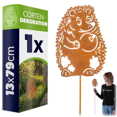 Produktbild von KADAX Gartenstecker Igel aus Cortenstahl, 13 x 79 cm, Rost Deko für Garten, Edelrost Gartendekoration zum Stecken, rostige Gartendeko, Metall Roststecker
