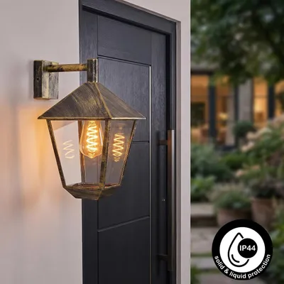 Produktbild von Bormida Wandlampe abwärts in antikem Look aus Metall/Glas in Braun-Gold/Klar