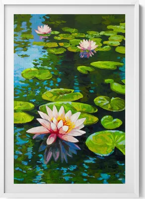 Produktbild von Seerosengemälde– Wandbild mit Rahmen – Gerahmtes Bild  – Wanddekoration – 70x100 cm –  Weiß Rahmen