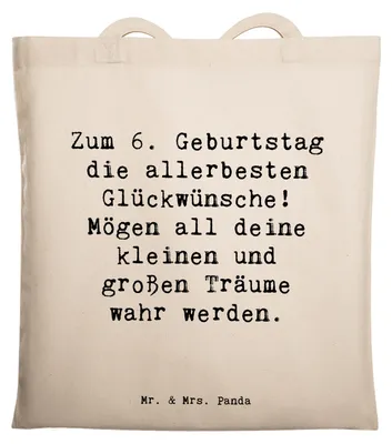 Produktbild von Mr. & Mrs. Panda Tote Bag Spruch 6. Geburtstag Glückwünsche - Transparent - Geschenk, Tasche, Geburtstagskarten, Geburtstagsgeschenk, Partyideen, Jutebeutel, Kinderlachen