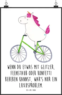 Produktbild von Mr. & Mrs. Panda Bild Einhorn Radfahrer DIN A2 - Weiß - Geschenk, Plakat, Wandbild, Radfahren, drucke, wanddeko, Unicorn, Designposter, Einhörner, Rad, Bike