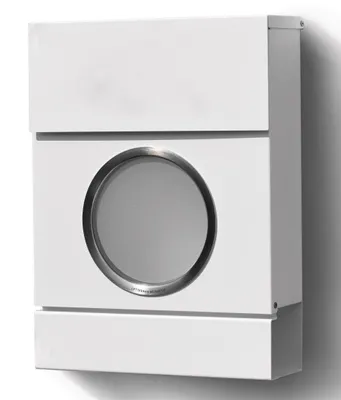 A white mailbox with a circular window is mounted on a wall.