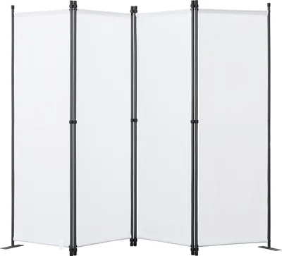 A white, four-panel folding screen room divider is shown against a white background.