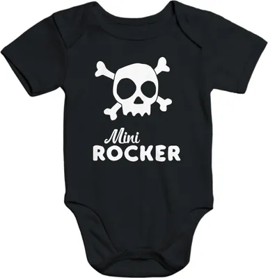 Produktbild von kurzarm Baby-Body mit Aufdruck Mini Rocker Totenkopf Baumwolle Moonworks® schwarz 0-3 Monate