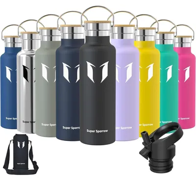 Immagine prodotto di Borraccia in acciaio inossidabile da 620 ml, nera, priva di BPA, a prova di perdite, thermos con 2 tappi