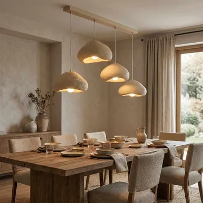 Produktbild von Opviq, Elegante Pendelleuchte aus Metall mit Fiberglas-Kappe, Ecru, Höhenverstellbar (50-110 cm), 4 x E27, IP20, Ideal für modernes Wohnen, Größe: 32-50 cm.
