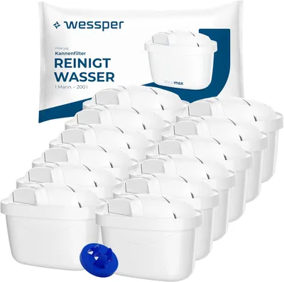 A large group of white water filter cartridges are arranged in rows, with a package of the same product in the background.