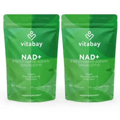 Produktbild von Vitabay NAD+ Pulver 500 mg – 60 g – β-Nicotinamid-Adenin- Dinukleotid 98% – Pharmaqualität hochrein vegan – ohne Zusatzstoffe – labor in DE