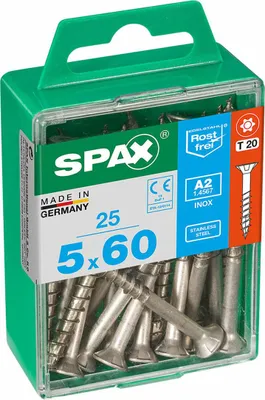 Zdjęcie produktu dla Śruba SPAX ze stali nierdzewnej, 5 x 60 mm, 25 sztuk, częściowo gwintowana, łeb stożkowy, T-STAR plus T20, 4CUT, stal nierdzewna A2 - 4197000500602