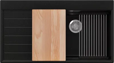 Produktbild von PRIMAGRAN Spülbecken Schwarz Metallic 90x50cm, Granitspüle 1 Becken + Ablauf-Set + Küchenzubehörset, Küchenspüle ab 60er Unterschrank - Sydney