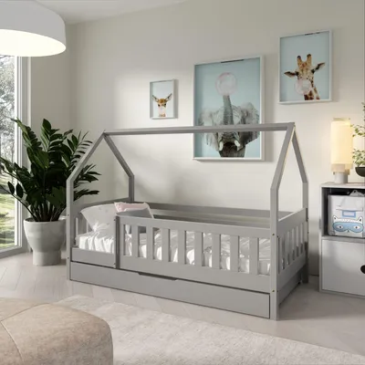 Produktbild von Masseno Kinderbett BELLA 80x160 cm mit Schublade, Rausfallschutz, Einzelbett für Mädchen und Jungs, Hausbett für Kinder, Holz, Hellgrau