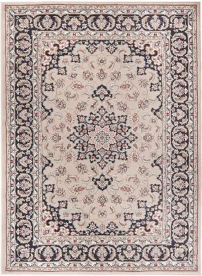 A top-down view of a rectangular rug with a traditional floral pattern.