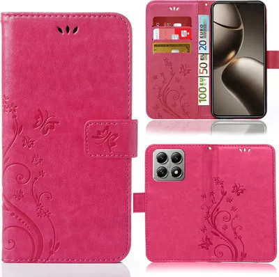 A collage of images showing a pink phone case with a floral and butterfly design, including a view of the case open with cards and currency inserted, and a view of the back of the case showing the camera cutout.