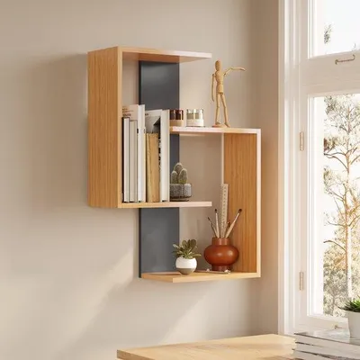 Image de Étagère murale LUNOR Lisbon, 3 tablettes, bambou/anthracite, 85 x 64 cm