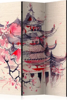 Produktbild von 3-teiliger Doppelseitiger Vlies Paravent - Shogun House 135x172 cm Orient p-B-0045-z-b