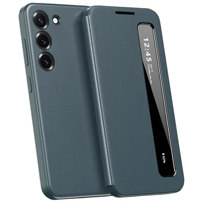 Immagine prodotto di Custodia in Finto cuoio per Samsung Galaxy S22 5G, custodia intelligente per telefono cellulare con finestra laterale intelligente verde