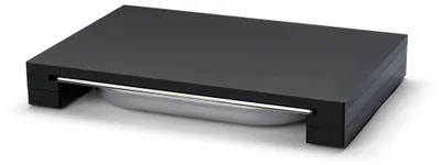A black cutting board with a silver tray underneath, shown on a white background.