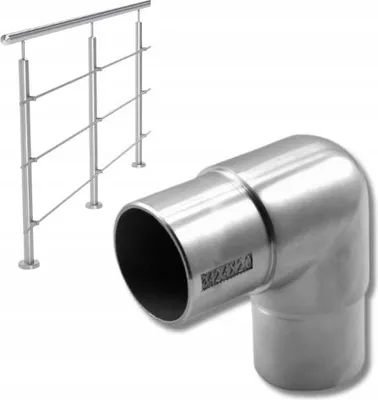 A stainless steel railing component and a 90-degree elbow connector for a railing system.