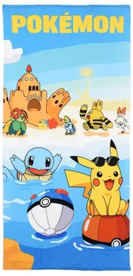 Produktbild von Unyqoos® Pokémon Strandtuch – Pikachu & Squirtle, 70 x 140 cm, blau/multicolor, 100% Mikrofaser, leicht & schnelltrocknend, offizielles Lizenzprodukt