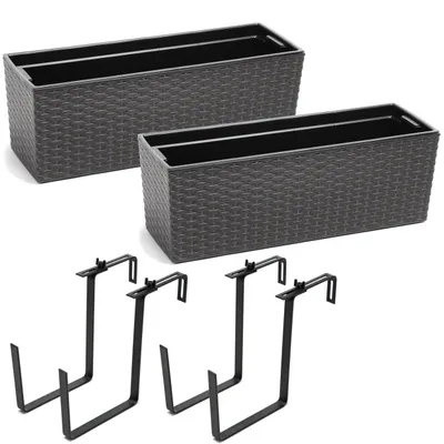 Obrázok produktu pre 2 ks kvetináč balkón box zábradlie box kvetináč balkón hrniec \ držiak kov \ grafit ratan 56 x15x19 cm kvetináč