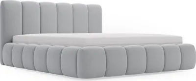 A light gray upholstered bed frame with a mattress is shown from the side against a white background.