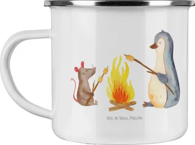Produktbild von Mr. & Mrs. Panda becher emaille Pinguin Lagerfeuer - Weiß - Geschenk, Tasse, Campingbecher, Haferl, Maus, Teetasse, Liebe, Pinguine, Pott, Motivation, Job