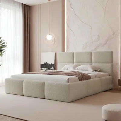 Produktbild von Polsterbett VIVIEN 140x200 Greige Boucle Teddy-Stoff mit Bettkasten Lattenrost