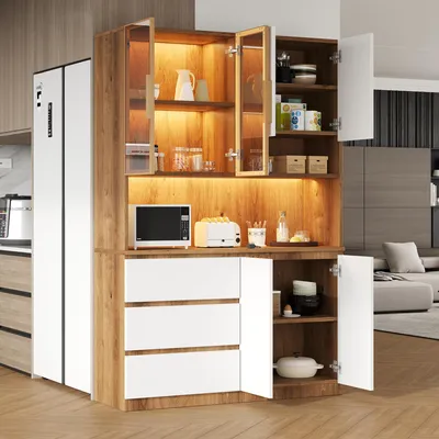 Produktbild von Flieks Küchenschränke mit LED-Beleuchtung, 3 Schubladen, 6 Türen und Ablagebrettern, Hochschrank120.5x40x180cm, Sideboard, Weiß+Natur