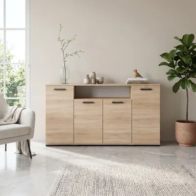Produktbild von Masseno Kommode ALBANO 160 cm Sideboard mit 4 Schubladen für Wohnzimmer Schlafzimmer Modern 160x40x83 cm Sonoma Eiche