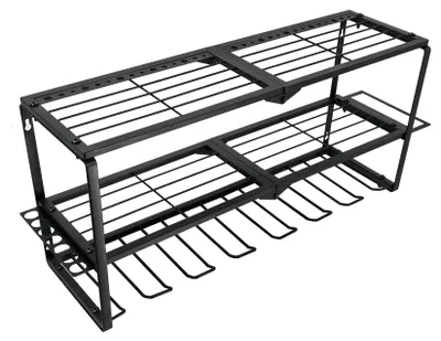 Zdjęcie produktu dla Półka ścienna do elektronarzędzi - uchwyt na narzędzia na 3 poziomy - wytrzymała półka metalowa - uchwyt na wiertarki - organizer do garażu, wymiary: 66,2 x 18,5 x 31,3 cm - kolor: czarny