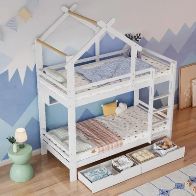 Immagine prodotto di Letto a castello 90x200 cm, bianco, in legno di pino e MDF, con cassetti e ripiani. Letto a forma di casetta con scala a tre gradini ad angolo retto