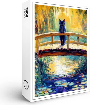 Produktbild von raxxa Premium-Puzzle "Impressionistic Oil Painting of Black Cat on Wooden Pier by Pond", 1000 Teile
