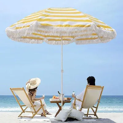 Zdjęcie produktu dla Parasol w żółto-białe paski, wysokość regulowana do 160 cm, UPF 50