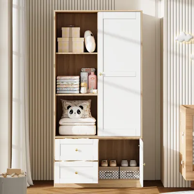 Image de Armoire à portes coulissantes et battantes avec tiroirs et tringle à vêtements 90 x 180 x 50 cm Armoire blanche et aspect bois Armoire de chambre moderne