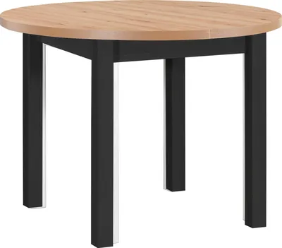 A round dining table with a wooden top and black legs, shown against a white background.