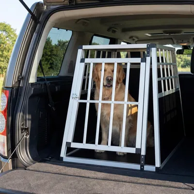 Zdjęcie produktu dla Klatka transportowa dla psów COSTWAY, aluminiowa klatka z zamykaną klapą, wyjmowaną przegrodą, klatka podróżna, klatka dla psów o kształcie trapezu, 91 x 65 x 69,5 cm