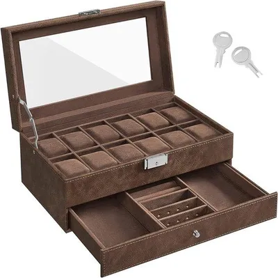 Produktbild von Famanu Uhrenbox mit Uhrenkissen - 2 Ebenen, transparentes Glasdeckel