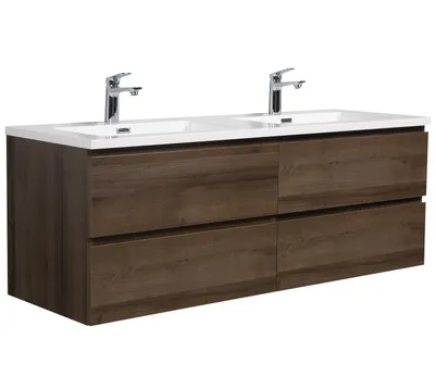 Image de Ensemble de meubles de salle de bain Badplaats avec lavabo et meuble sous lavabo Angela 140 x 48 cm chêne brun - Meuble sous lavabo avec fermeture douce et double lavabo, pré-monté