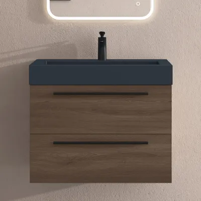 Produktbild von doporro Badmöbel-Set Waschbeckenunterschrank mit Soft-Close in Eiche Stirling 73x48x60cm Quadratto Waschplatz komplett Set inkl. Mineralguss-Waschbecken in matt Anthrazit