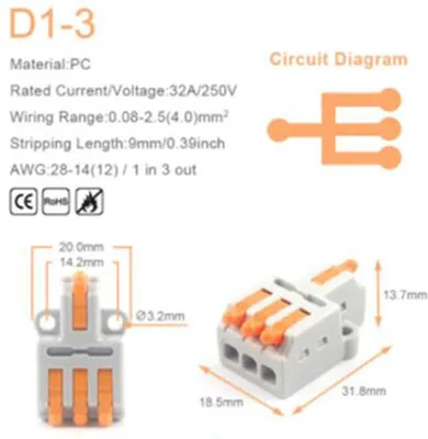 Produktbild von Mini-Verbindungsklemme 5 Stk. 32A/250V - D1 / D2 / D3 : 1 auf 3 Ausführung: 1 auf 3