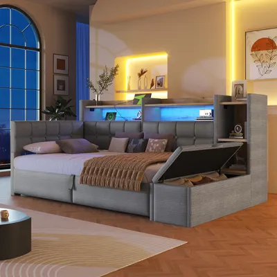 Produktbild von Merax Tagesbett Daybett 90x200cm, Schlafsofa mit 2 Schubladen, USB & Typ-C, Regal mit LED, Stauraumbank, Polsterbett, Kinderbett, Samt, Dunkelgrau