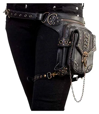 Produktbild von Leder Vintage Schultertasche, Steampunk Punk Handtasche, Leder Taille Packs Bag, Beintasche Gothic, Schwarz