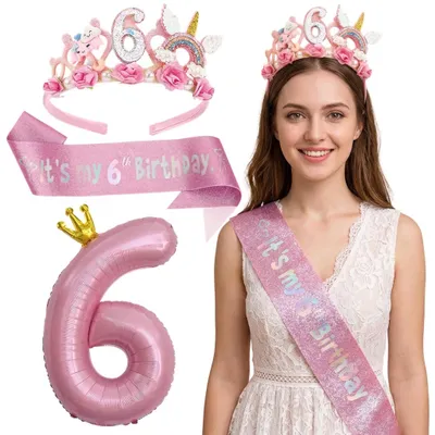 Prinzessinnen Geburtstagsdeko-Set rosa, 6 Jahre, mit Krone, Schärpe, Ballons