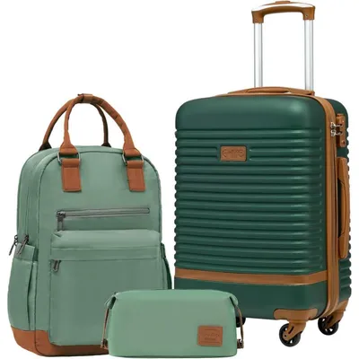 Produktbild von Koffer Trolley Handgepäck-Set 3tlg Dunkelgrün/Braun ABS Hartschale 4 Rollen TSA-Schloss