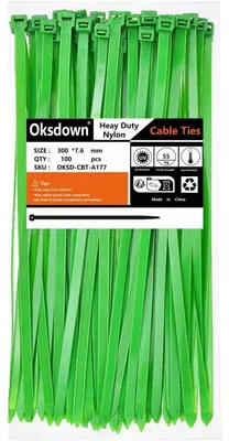 Obrázek produktu pro Stahovací pásky, 300 mm x 7,6 mm, zelené, 100 kusů, odolné vůči UV záření, nylon, pevnost v tahu 55 kg