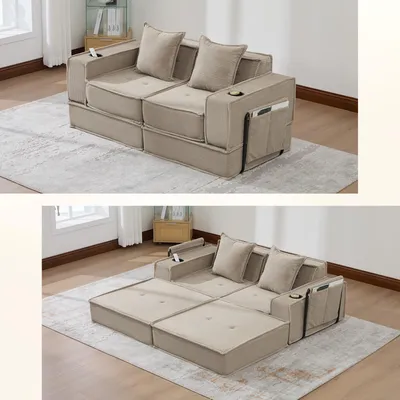 Produktbild von Modernes Doppelschlafsofa (Zweisitzer, 2 Kissen) mit Fußhocker, seitlichem Stauraum & Getränkehaltern – ideal für Leseecken & Spielzimmer