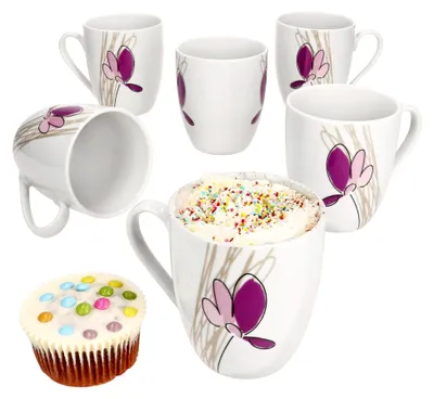 Produktbild von Viola 6er Set Kaffeebecher | 350 ml | Porzellanbecher mit Henkel und Blumen-Dekor für 6 Personen | Tassen für Heißgetränke wie Tee, Kakao und mehr