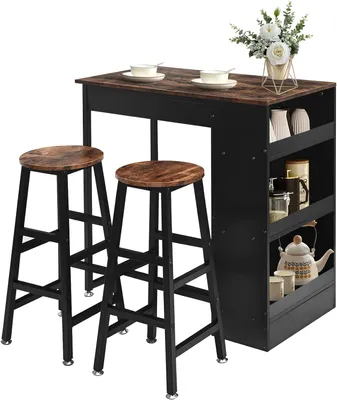 Produktbild von Bartisch Set 3-Teilig, Thekentisch mit 2 Barhockern & 3 Ablagen, Esstisch & Hocker mit Metallrahmen, Essgruppe für 2 Personen, Industriedesign, Vintagebraun+Schwarz