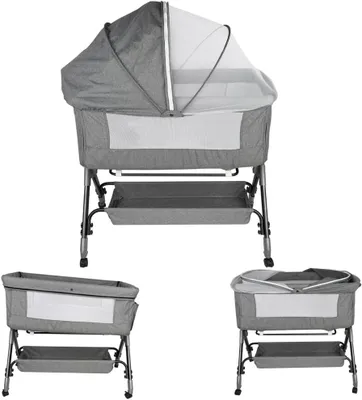 Produktbild von Babybett, Beistellbett und Kinderbett mit Moskitonetz, Kinderreisebett mit Rollen, 4-fache Höhenverstellung, Babybett als Stubenwagen, 104 * 52 * 103-115cm (grau)