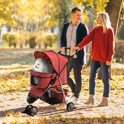 Produktbild von SUGIFT Hundebuggy klappbar Katzenwagen, Hundewagen mit Netzfenstern & Reflektoren, Polyester-Stahl, Rot | Getränkehalter | bis 10 kg | 75 x 45 x 97 cm